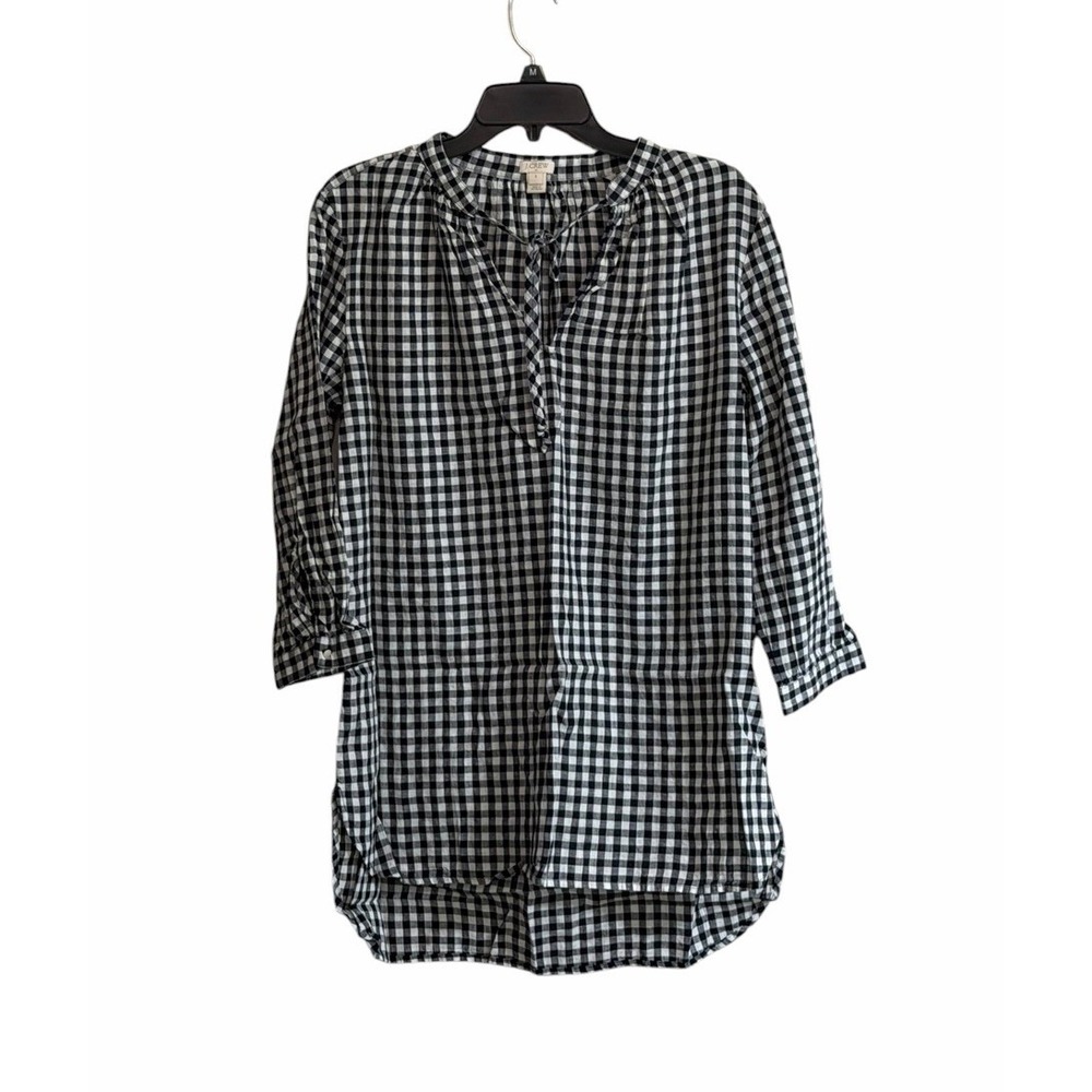 J Crew Linen Blend Gingham Tunic Top Cover Up Size Small Navy Blue White